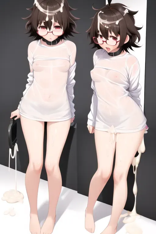 cute girl, ((full body)), short hair, ((messy hair)), brown hair, (((round glasses))), ((black glasses)), cute face, soft body, skin, excessive cum in pussy, excessive cum in hair, ((highly detailed)), medium breasts, five slender fingers, (((no muscles))), (((small breasts))), pink eyes, curved eyelid, pale, cum on body, excessive cum in mouth, ((tv head)), bathed in cum, excessive cum, fully naked, (((no clothes))), (((rape))), collar, ((covered in cum)), excessive cum on face, excessive, excessive cum in nose, (((crying))), (((ahegao)))