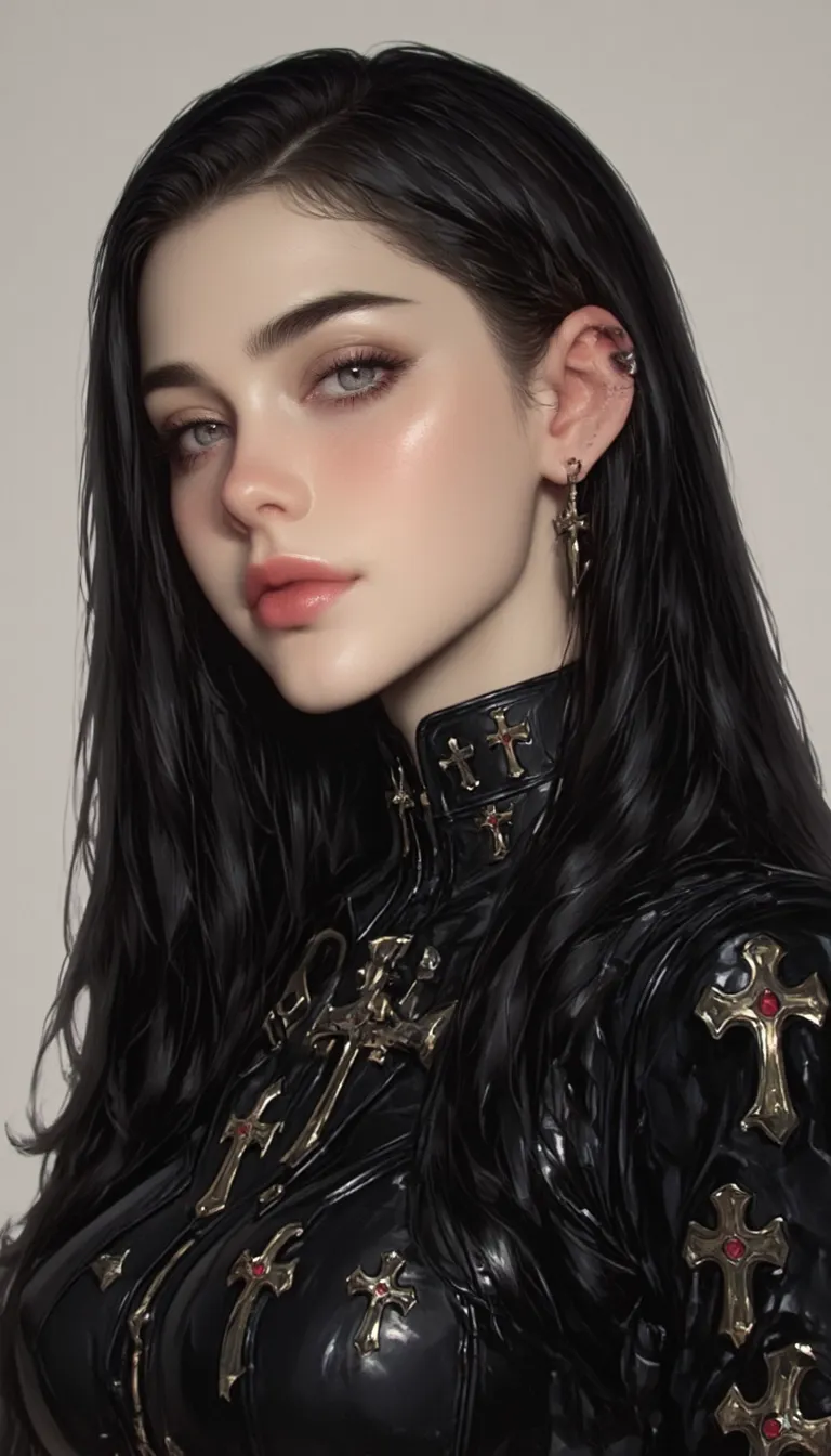 This is a highly detailed, digital illustration of a young woman with a striking, ethereal appearance. She has porcelain skin with a subtle, natural glow, and her long, silky black hair cascades down her shoulders. Her facial features are delicate with high cheekbones, full lips, and large, expressive blue eyes accentuated by meticulously drawn eyeliner and mascara. She has a serene, almost otherworldly expression with a slight, enigmatic smile.
She is dressed in a form-fitting, high-gloss black leather outfit adorned with intricate, gold accents and red gemstones. The outfit features a high collar and intricate, cross-shaped designs, giving it a gothic or medieval aesthetic. The leather has a wet, shiny texture, suggesting a high-quality, possibly latex or vinyl material. The cross motifs are prominent, with red stones set into the gold, adding a touch of luxury and symbolism.