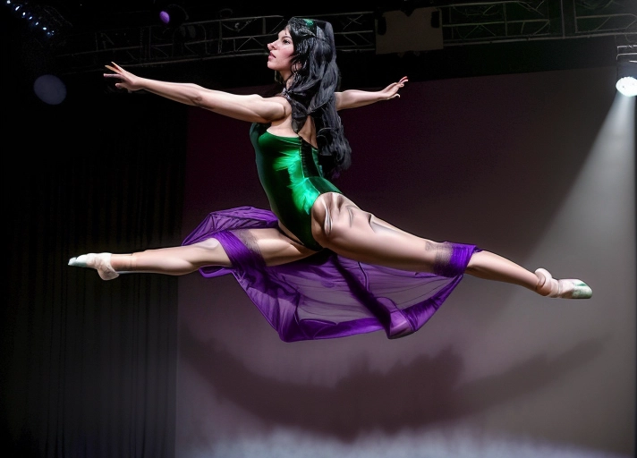 an exotic woman with long thick black hair, hair styled with bangs across her forehead, green eyes, high cheekbones, (slanted eyes:1.3) and eyebrows, expression is playful, is a modern performance dancer making a very graceful leap as though flying in the air while wearing a purple leotard on a dark stage under a spotlight