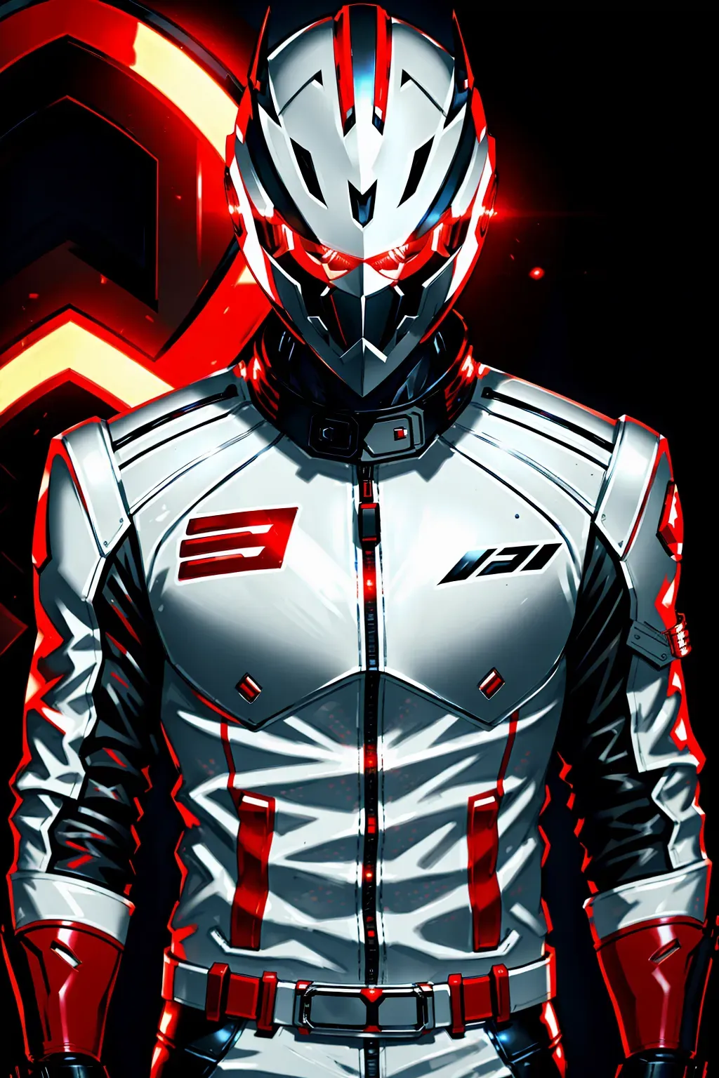 Full face helmet on, white leather jacket, glowing red accents, male, knight, full body, 8k wallpaper, best quality, ultra hd, cinematic lighting, studio lighting, hi-resolution, high quality, highly detailed