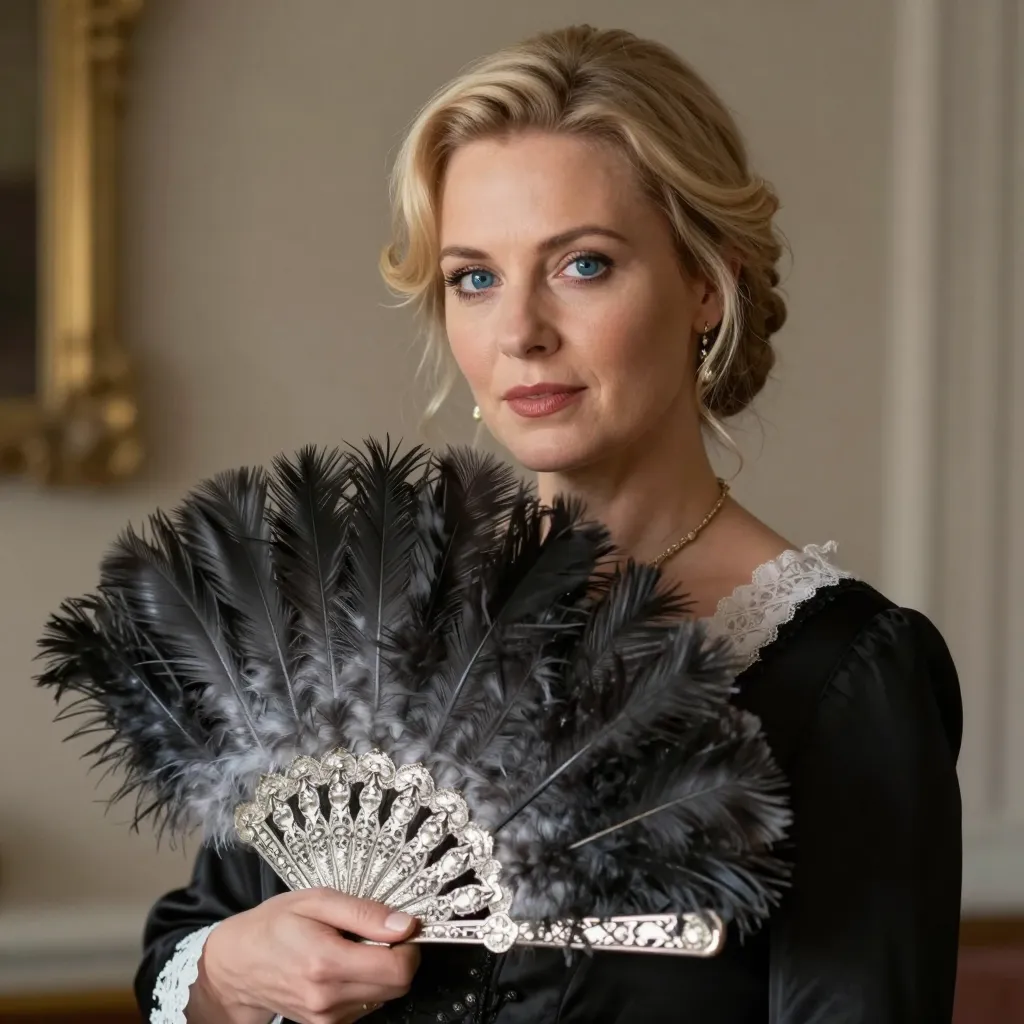 The mistress was in her thirties. She had blonde hair and blue eyes. She looked rather pretty and had preserved her youthfulness well. She held a silver-inlaid feathered royal fan in her hand.