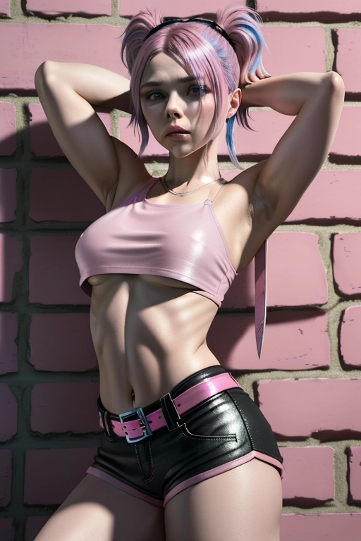 64k, 3d, photorealistic, HDR, masterpiece, Chloe Grace Moretz, wearing too tight black micro mini hot pants, (pink top:1.3), bare midriff, (underboob:1.4), shiny blue hair, pigtails, holding a knife, with a bad attitude, leaning against a brick wall