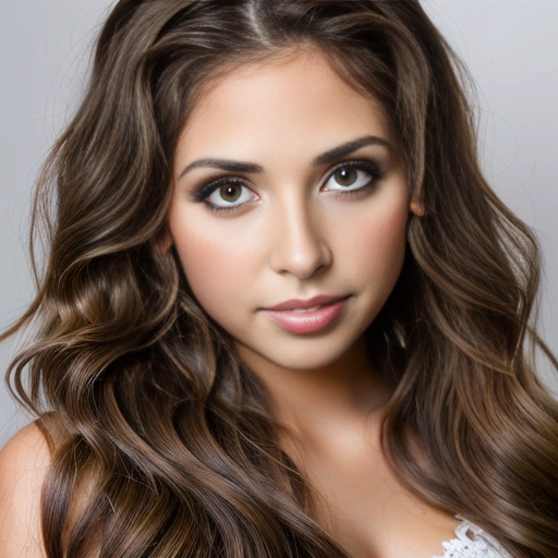 a beautiful young (teenage) girl with long wavy brown hair, ((large brown eyes:1.4)), realistic, masterpiece, long eyelashes, mascara