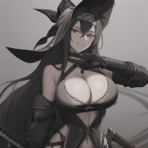distant shot of a highly detailed slim woman with a sadistic smile with long hair looking back with a bandana wearing black jacket and large cleavage and tiny waist and holding a sword in a dark background