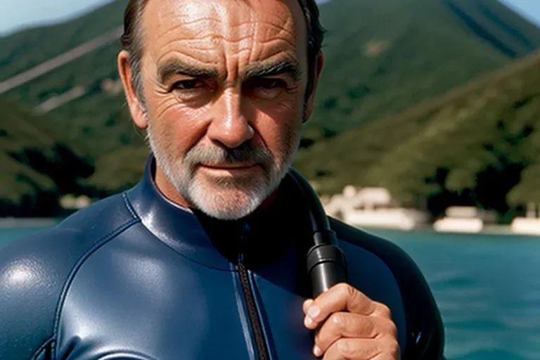 A high resolution medium close up photograph, Sean Connery, wearing a scuba mask and wet suit gear, as secret agent James Bond, on a boat in the caribbean, looking at the camera