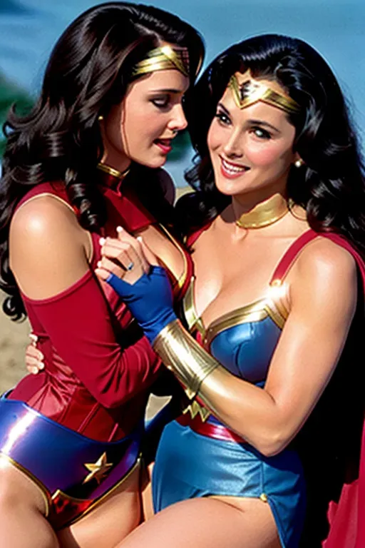 Lynda Carter as Wonder Woman and Debra Winger as Wonder Girl, sexy leotard costumes, ((thighs visible)), kissing and caressing