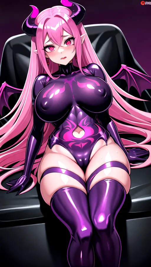 best quality, ultra high res, detailed face and eyes, perfect face, big shining heart choker, earrings, jewelry, very long voluminous hair, (pink glowing hair:1.2), lipstick, purple long sleeves, purple glowing heart, demon mark, straight hair, (big boobs:1.3), red demon horns, very very long hair, perfect face and eyes, straight hair, sexy succubus girl, pink glowing eyes, (red demon wings:1.4), (wet cameltoe:1.2), (purple corrupted symbiote suit:1.5), bedroom, (pink glowing demon diadem:1.4), (dark spiked crown:1.2), (thick red succubus tail:1.3), demon tail, (pink glowing heart pasties:1.2), (laying on couch:1.3), shiny leather, purple leather skin, purple skin, hearts everywhere, wet succulent boobs, wet, her hands are claws