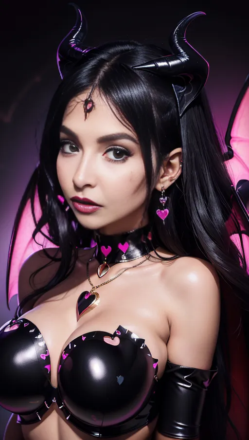 best quality, (((ultra high res))), (detailed face and eyes), hearts, perfect face, big choker, earrings, jewelry, glowing heart, heart necklace, ((((big heart pasties)))), ((black hair)), ((((succubus)))), dark background, (giant tits), latex, ((face closeup))