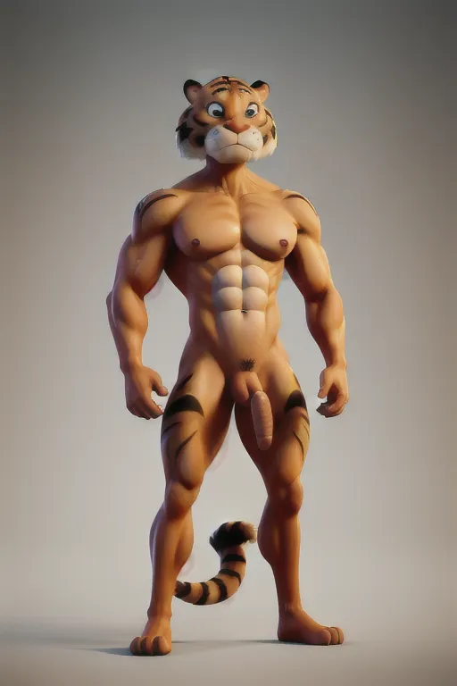 hyper muscular anthropomorphic tiger, nude, penis, long tail, human face