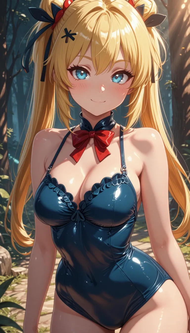 masterpiece, best quality, anime coloring, anime screencap,
1girl, solo, long hair, breasts, looking at viewer, blush, smile, bangs, blue eyes, blonde hair, hair ornament, bow, ribbon, bare shoulders, twintails, medium breasts, closed mouth, collarbone, swimsuit, hair ribbon, upper body, sidelocks, outdoors, frills, shiny, bowtie, red bow, tree, lips, one-piece swimsuit, black ribbon, sunlight, x hair ornament, red bowtie, shiny clothes, blue one-piece swimsuit, armpit crease, frilled swimsuit, marie rose