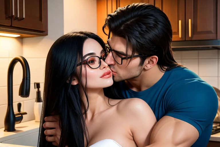 Beautiful woman with long black hair wearing glasses stands at the kitchen sink washing dishes while a handsome muscular young man kisses her neck from behind