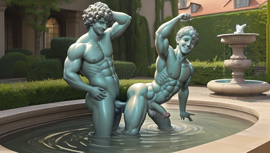 Create an image of an adult male statue inspired by the iconic Manneken Pis, but with a humorous twist. The statue should be depicted standing in a playful pose, with one arm slightly raised and the other arm at its side. The facial expression should convey a sense of humor and mischief, with a slightly upturned smile. The statue should have short, curly hair and be situated in a classic fountain setting, with water flowing gently around its feet. The body should be muscular and proportionate, with detailed attention to realistic anatomical features. Uniquely, the statue should have a large, penis and testicles placed over the genital area, adding a playful and whimsical element.
The face of the statue should be oriented directly forward, with a clear, frontal view, displaying a mischievous expression with a slightly upturned smile