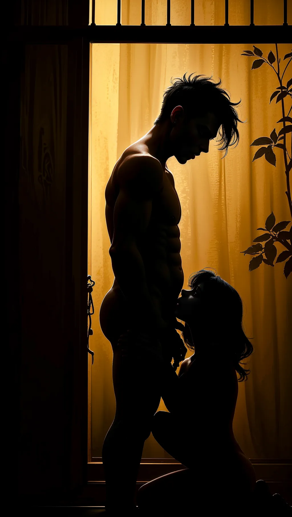 Silhouette of a couple behind a Japanese paper wall, side view, silhouette of 1 naked man standing up and having his cock licked, (sihouette of a naked woman (on her knees) (giving a blowjob to the man) and (licking his cock)),
(cinematic lighting), (cinematic composition)
