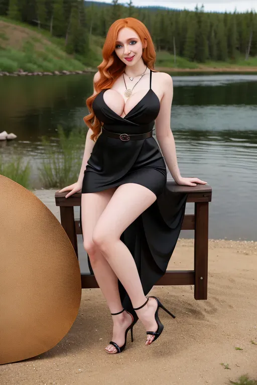 full body, strawberry blonde hair, green eyes, short girl, black high heels, looking at viewer, long hair, pale skin, silver necklace, 24 years old, giant breasts, cute face, pov, wavy hair, wide eyes, erotic, skirt tug, nighttime, slim body, sitting by lake, smiling, cleavage, 44F breasts, standing by campfire, black minidress, serving drinks, black miniskirt