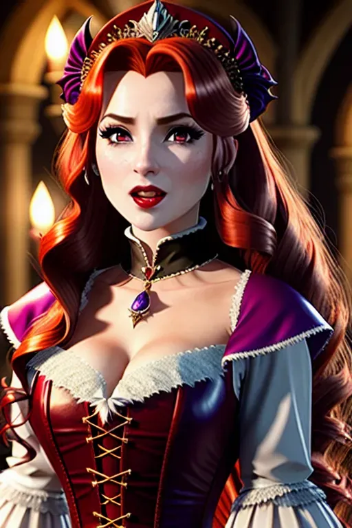 Queen Anna of Arendelle,being bitten by Dracula, showing fangs, moderate breasts,five fingers per hand,sweet face, beautiful lips,curved eyebrows,vampire bite on neck, leather, auburn hair, medium long hair, theateric dramatic club lighting,ultra realistic,pixiv,unreal engine,bokeh