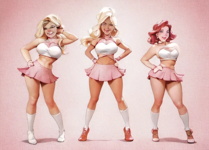 an HD photo of four hot bimbo cheerleaders flashing their tits while kneeling, detailed face, accurate face, squad of cheerleaders, bare tits, nude, naked, four_girls, office, cheerleader outfit, short skirt, babe, fit, sexy, big smile, laugh, show breasts, huge breasts, rounded tits, pompomps, long socks