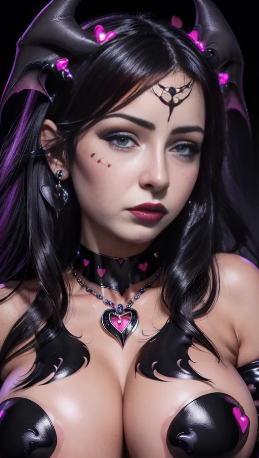 best quality, (((ultra high res))), (detailed face and eyes), hearts, perfect face, big choker, earrings, jewelry, glowing heart, heart necklace, ((((big heart pasties)))), ((black hair)), ((((succubus)))), dark background, ((very giant tits)), ((symbiote girl)), ((female symbiote transformation)), ((symbiote goo)), face closeup, ((((claws)))), ((((face closeup)))), corruption