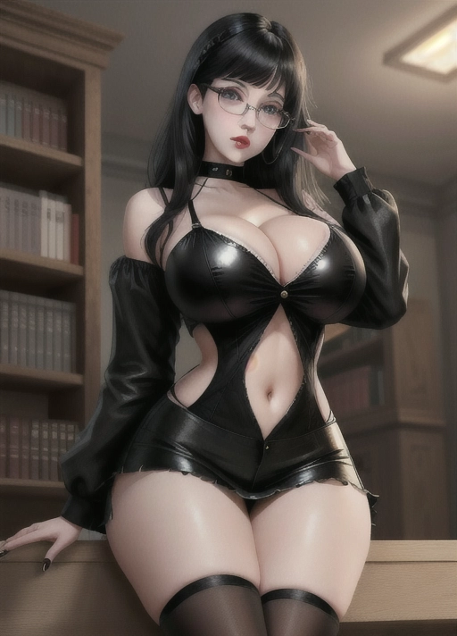 Cute girl, simple grunge makeup, pale colored eyes, black hair, bangs, big lips, realistic face, high riding huge boobs, gigantic tits, tight librarian outfit, glasses, goth babe, skinny, photorealistic, best quality, ultra high resolution