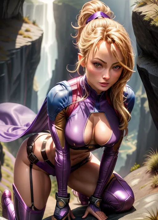 superhero, beautiful woman, (Olivia Wilde:1.2), long blonde hair in ponytail, sexy and tight body suite in a mix of purple and blue, sensual short shirt, tight top showing lot of clevage, cape and sexy gloves, short boots with high heels, superhero face mask, bracelets on arms and legs, perfectly toned and slender body, abs, small breasts with erect nipples visible, pussy camel toe visible, very pretty face, Highly detailed Eyes, arched eyebrows, senusal expression, perfect composition, hyperrealistic, photorealistic, pretty face, dramatic action Pose, flexible and sexy,
rocky ground, steep cliff in the bacground, purple lightning in the sky,
an ultra realistic photograph, <lora:dpmg_add_detail:1.2>, artificial light, highest quality, highest resolution, (photorealism:1.0), (masterpiece:1.2),
high definition, 8k quality, cinematic composition, cinematic lighting, great shading, awesome detail.