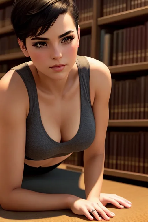 a photo shot of,a canadian girl,wearing tank top,all-fours,at the library,five fingers per hand,short hair,gorgeous face,beautiful lips,curved eyebrows,curved eyelid,peaceful,wearing golden ring,cinematic lighting,smooth,cgsociety,editorial,professional