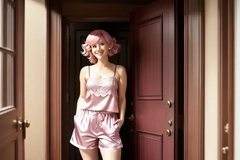 Best quality, Bell Delphine, standing in doorway, satin camisole and shorts, sexy, real Bell Delphine, lace, pink hair, smile, cellphone, pajamas,