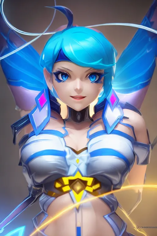 Gwen from league of legends, full body, colorful, blue hair, smile, blue eyes,
