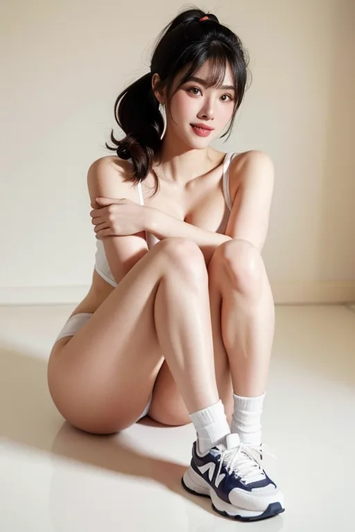 (best quality:2.0), (masterpiece:1.4), high resolution, (photo realistic:1.9), Korean sexy super model, perfect face propotion, nsfw, (thick sports shoes:1.2), navyblue sports wear, knee socks, thick eyebrow, (marble face:1.2), long neck, small lips, large hair band, full bangs, pony tail, ultra large sparkring brown eyes, double eyelids, cheek blush, round cheek, sexy posture, muscular long legs, cleavage, luxury chair, (shiny sweaty ultra pale skin:1.5), big coy smile, beautiful constriction, broad forehead, ultra detailed fabric, detailed skin, dropping eyes, luxury tile poolside,