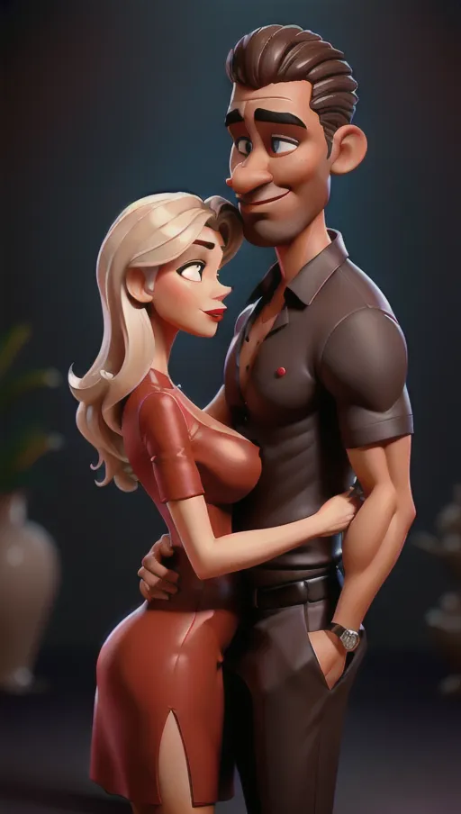 Night time, dim lighting, Side view, waist up views ,very dark bald black man and a sexy very white middle aged woman dancing together closely, very dark black man in nice suit and light skinned white Milf woman in a sexy slutty red dress dancing together,arms around each other, mans hands on white womans ass, sexy red dress with slit, proportional bodies , Sexy middle aged white woman, dark brown hair, big tits, perfect nipples showing, eyes closed, lips puckered for kiss, sexy facial expression, horny milf, ready to kiss, wearing sexy red dress, slutty, red lipstick, small hoop earrings