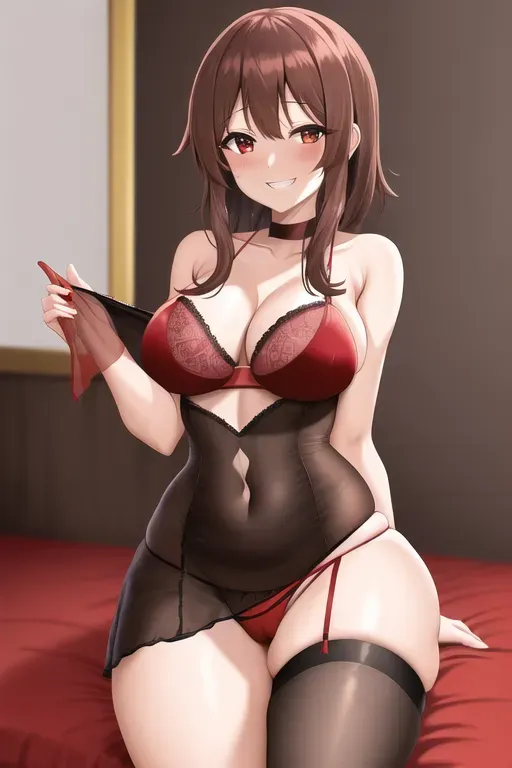 Adult, 30 year old megumin ((kono suba)), grinning, red bra, black panties, short brown hair, long bangs, pussy dripping, curvy, long legs, stockings, blush,