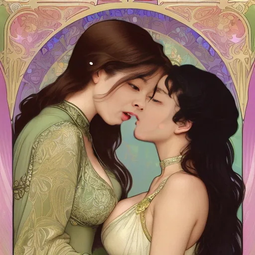 (Dynamic poses of only 2 sexy longhaired lesbian women(Small breasts:1.2):1) with hairy vaginas
(Blackhaired k-pop starlet Chunga) and (Blackhaired j-pop starlet Miihi)
(Dynamic poses of naked lesbian softporn lovemaking:1.2)
photo of two women, one with glasses and red lace lingerie, the other with long black hair and green lingerie, the woman in green is leaning over, (exposing her large breast, the woman in red is licking her breast:1.2), the woman in green has a slender figure, the woman in red has a curvy figure, both women have light skin, the woman in red has blonde highlights in her hair, they are on a black couch, a pillow with a leafy pattern is in the background, bright lighting, casual indoor setting, intimate and erotic, close-up shot, the woman in green has her hand on the couch, the woman in red has her tongue out, soft focus
(art nouveau illustration in the style of alphonse mucha Strong shape language perfect visual quality flowing organic lines and botanical motifs surround the subject elegant woman with long flowing hair aesthetically frames subject muted pastel colors soften the overall tone in mucha's signature decorative art nouveau poster style:1.25)