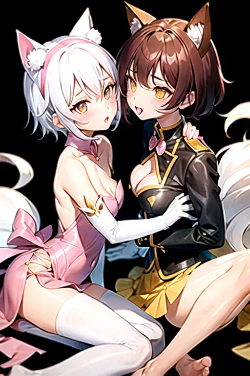 sam yang, boy and catgirl kissing , blushing , 1 boy, brown colored hair ,spikey styled haired boy on left, male wearing yellow airbender clothes 1catgirl, masterpiece, best quality, catgirl on right, catgirl posh style , catgirl hairstyle white short bobcut with white cat ears, only cat type ears, pink catlike eyes, catgirl on right dressed in white plain clothing with pink bow, white hair, bow, elegent long white gloves,((masterpiece))