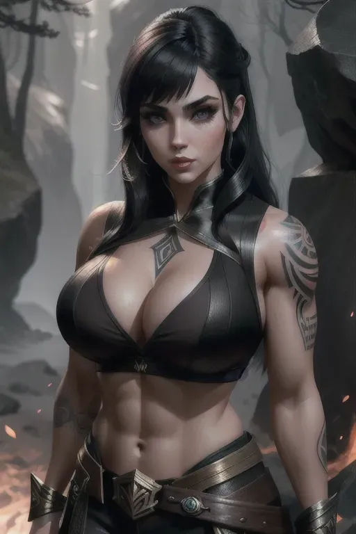 a concept art of,a fitness model,wearing wizard clothes,all-fours,big breasts,five slender fingers,bangs hairstyle,beautiful face,beautiful lips,black eyes,curved eyebrows,curved eyelid,pale skin,satisfaction,tattoo,artstation,unreal engine,smooth,surreal,bokeh