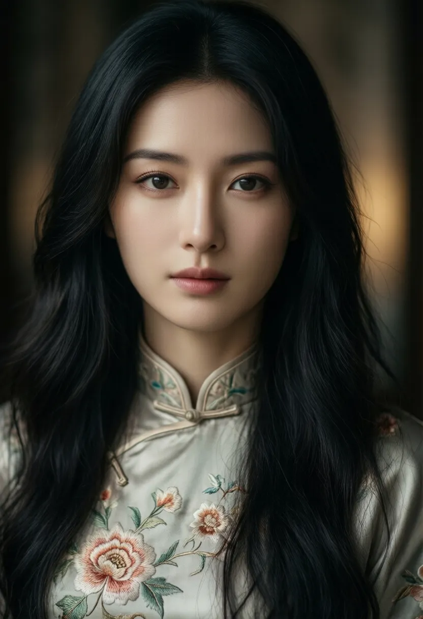A beautiful Chinese woman with graceful features, close-up portrait, long flowing black hair, wearing a traditional silk cheongsam delicately embroidered with floral patterns, face softly illuminated by ambient light, serene expression
