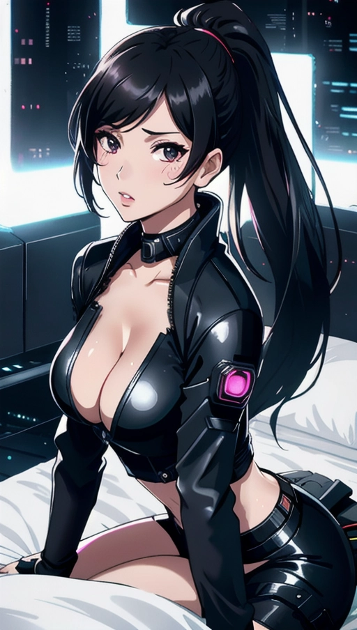 establishing shot,
Eve from stellar blade, techo ruins background, eurasian women, long black ponytail hair, revealing transparent skin coloured cyberpunk body suit,deep cleavage revealing large perky breasts,
skinny, 25yo, eurasian woman, (hyper-realistic face:1.3), 32k uhd --ar 9:16 --stylize 750 --v 6, realistic,((((solo)))), long straight ponytail black hair, (large perky breasts:1), lips, perfect-hard-nipples, solo_focus, eye-contact , facing viewer,
background techno bed room, sweaty, (((exhausted))), eye contact.