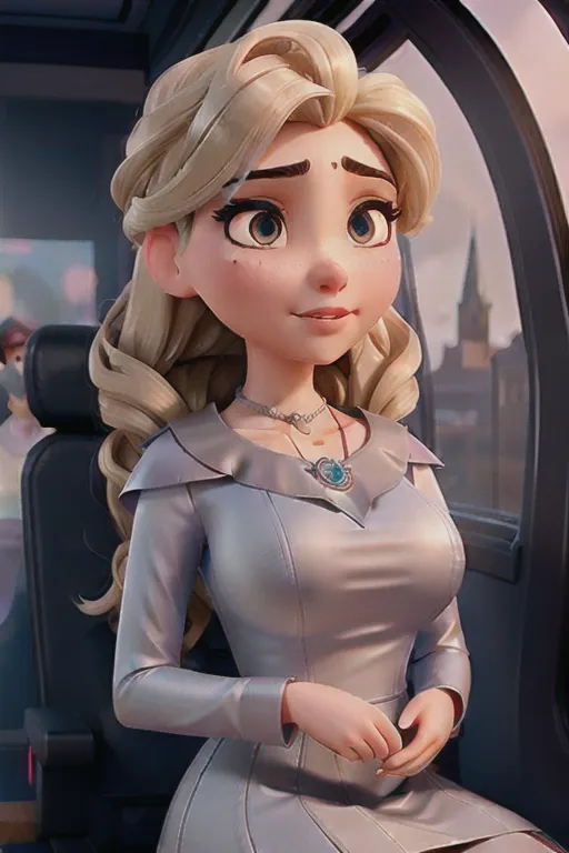a digital art of,elsa,wearing priest clothes,kneeing,in the bus,big breasts,five fingers per hand,undercut hair,beautiful face,beautiful lips,black eyes,curved eyebrows,curved eyelid,smooth skin,wearing necklace,sharp focus,cgsociety,professional,surreal,highly detailed