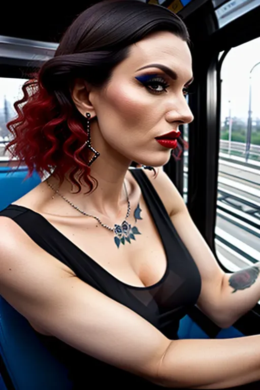 8k photography, High angle camera shot, czech woman, looking up to the photographer, in a tram, sitting, tattoo, black tank top, teasing, dark lip stick,<lora:dpmg_imminent_fuck:1>