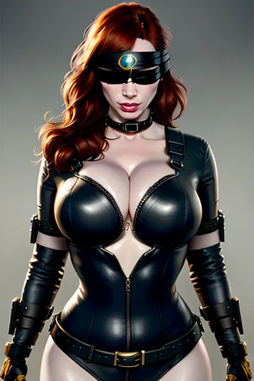 Christina Hendricks, blindfolded, cuffed behind back, dog collar around neck with leash, 8k resolution concept art, Artgerm, WLOP, dynamic lighting, hyperdetailed,