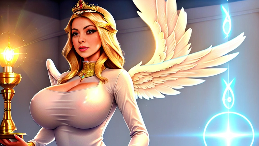 a 64k high detailed photo of body shot of straight Female HDR Professional ((In clothing))) ((Has Attire)) Godly Ultra Detailed Best Quality Most Detailed ((Angel Wings)) Angelic Lighting Love Hope Magic casting Crown Smiling Queen happy Glory Warrior Angels Angelics Positivity Happiness ecstasy enraptured sweaty saving God Royalty Morality Goodness True Good Power Force Authority Ethical Saviour Halo short Hair Always and Forever Sentimental in heat hot ultra hot best best lighting tantric Neutral Brilliant Logical Compassionate Perfect Perfection Exciting Integrity Winged Courage Purity Harmony Beauty mark on upper lip ((Female)) Ethereal Lighting Celestial Lighting (((With Clothes))) ((With God Item)) ((God Tech)) with items of power God Wings