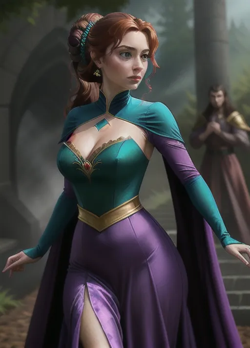 low angle dressed in elegant teal and purple velvet gown and teal and black cape with black bodice with gold trim, the one she wore to the unveiling of the statue of her parents, her hair done up in a low hanging bun, sweet Beautiful youthful sultry auburn haired newly turned vampire Queen Anna of Arendelle runs her tongue across her new formed pair of vampire fangs her eyes glowing bright red as she rises from her dark foggy cobwebbed crypt. photorealistic.