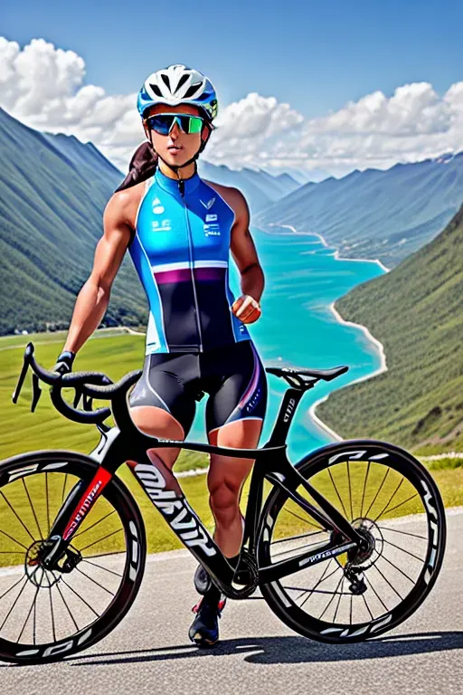 This female professional cyclist, a picture of strength and dedication, has long, dark hair pulled back into a tight ponytail, intense, deep-set eyes focused on the road ahead, chiseled cheekbones, a determined jawline, a powerful, toned physique sculpted by years of training, her strong arms and legs propelling her forward, clad in a vibrant, form-fitting racing kit that accentuates her athletic figure, her helmet and sunglasses shielding her from the elements, as she navigates challenging terrains with grace, passion, and an unwavering commitment to her sport