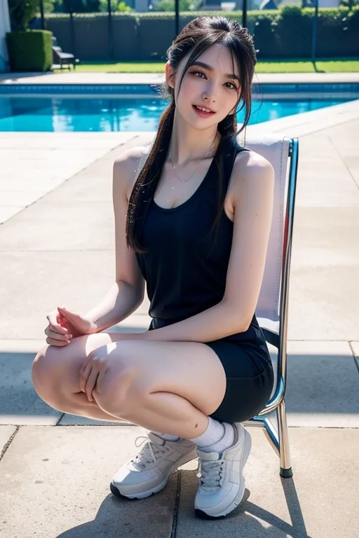 (best quality:2.0), (masterpiece:1.4), high resolution, (photo realistic:1.9), Korean sexy super model, perfect face propotion, nsfw, (thick sports shoes:1.2), navyblue sports wear, knee socks, thick eyebrow, (marble face:1.2), long neck, small lips, large hair band, full bangs, pony tail, ultra large sparkring brown eyes, double eyelids, cheek blush, round cheek, sexy posture, muscular long legs, cleavage, luxury chair, (shiny sweaty ultra pale skin:1.5), big coy smile, beautiful constriction, broad forehead, ultra detailed fabric, detailed skin, dropping eyes, luxury tile poolside,