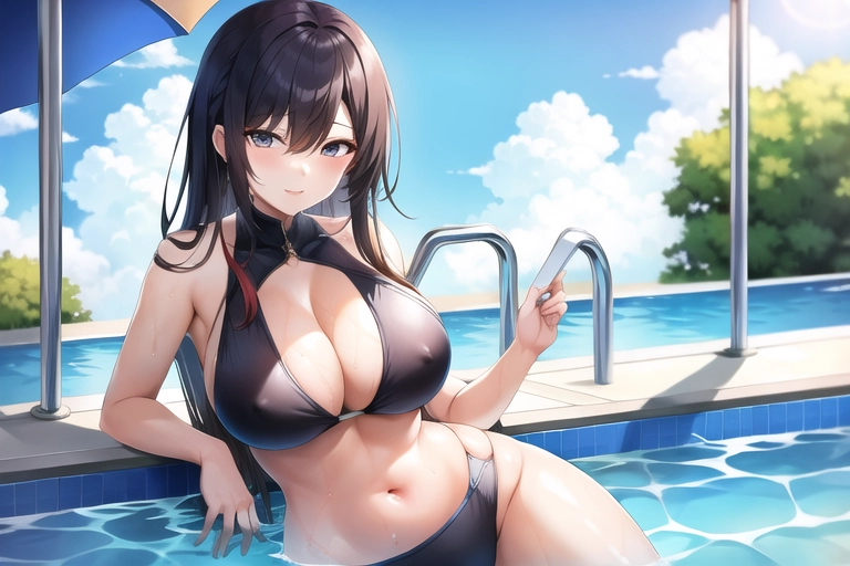 Mysterious Lady looking at the POV, posing at a swimming pool, teasing the viewer, curvy body, with wet clothes and wet long hair