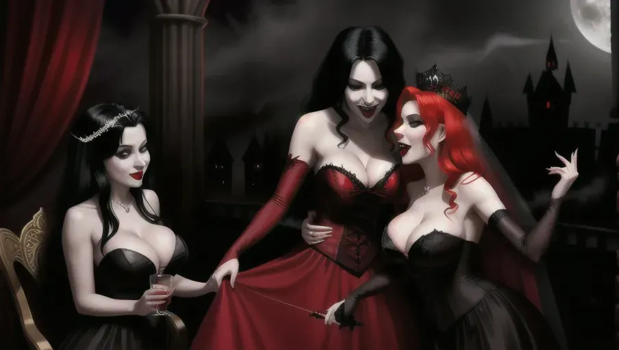 medium shot of the sexy vampire vixens of Dracula hungerly partying with their redheaded victim. Drinking, dancing, kissing, seducing their victim, Crowning her with a bridal veil. on a foggy moonlit night in the shadowy ballroom of a decerped old castle. only three very pale gothic sexy erotic blond and black haired evil vampire vixens fangs gleaming in the moonlight. Beautiful redhead still human victim early mid-thirties moderate breasts good sweet innocent, big soft round eyes, warm smile Anna of Arendelle in a soft green elegant Nordic ballgown.
photorealistic. High resolution