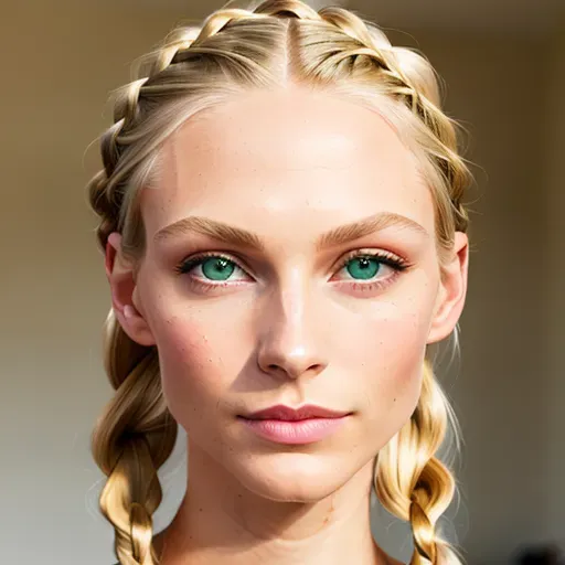 5 foot 5, Oval-heart shaped face, high cheekbones, well-defined jawline, small chin, symetrical features, Slender and slim, toned frame, well-proportioned, Captivating green eyes, Lustrous blond hair, Fair skin, Slender nose, Full lips, braided hair, looking forward