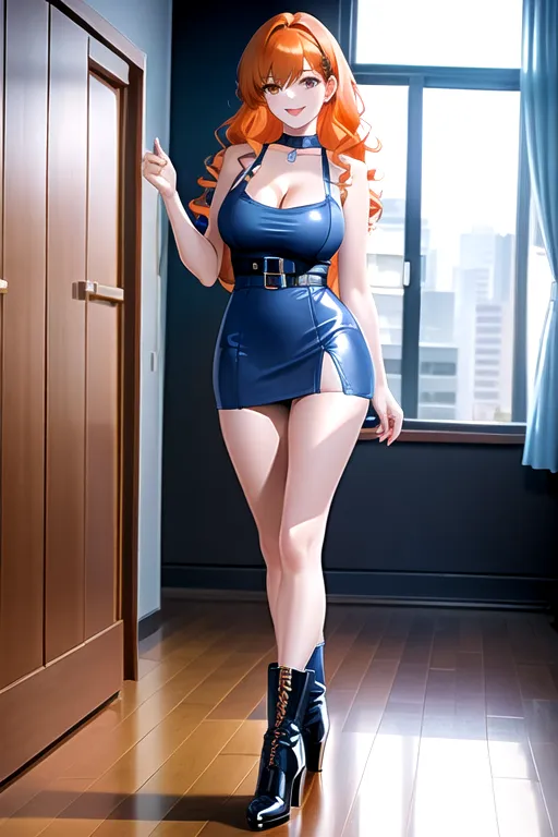 miniskirt, blue minidress, orange hair, choker, brown eyes, pale skin, giant breasts, boots, cleavage, high heels, looking at viewer, walking across room, living room, 1girl, smiling, wavy hair, 8K, Full body photo, slim body
