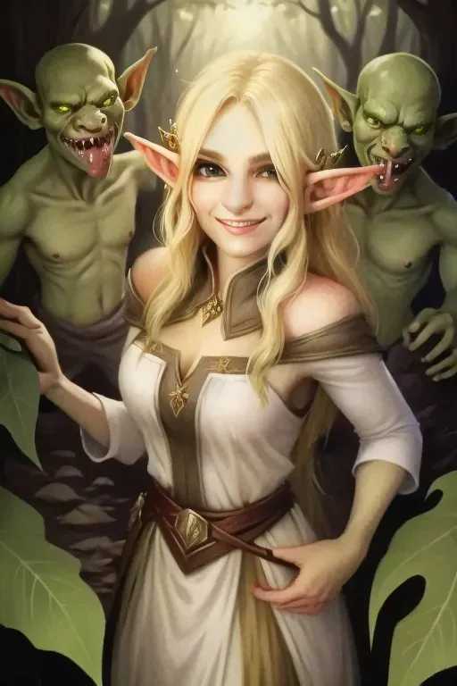 <lora:goblin:1> goblin, multiple boys, 1girl, smile, forest, elf, blonde hair, masterpiece, best quality, highly detailed