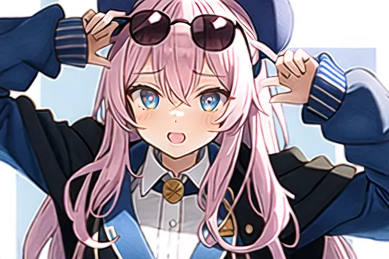 1girl, robin_v2_1600, sunglasses on head, blue jacket, pink pareo, (masterpiece), (best quality), extremely detailed, watercolor, bloom, illustration, depth of field, sketch, dark intense shadows, sharp focus, soft lighting, hdr, colorful, good composition, rom below, blue_eyes, straight nose, big pussy, gaping