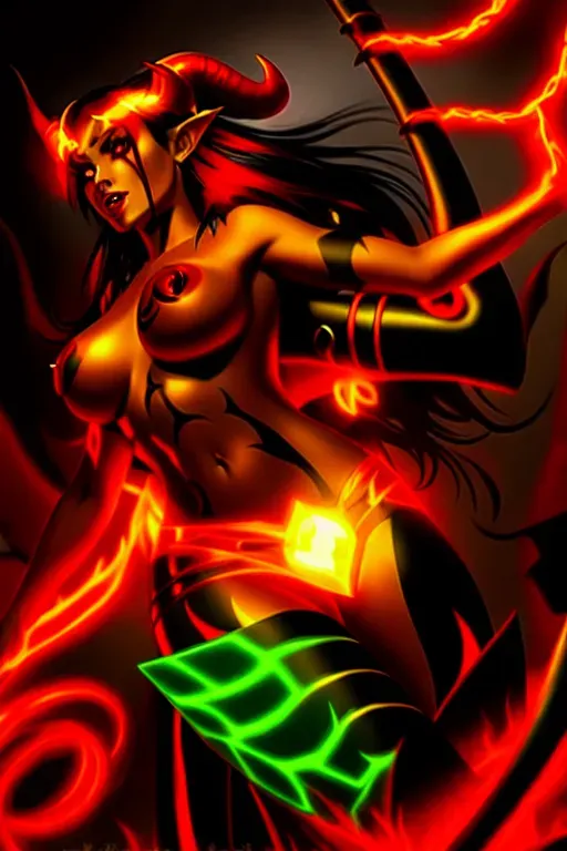 8k resolution digital artwork of a nude devil woman with dark red skin, long black hair, a tail, (dark red skin tone), glowing red eyes, (large devil horns), bright green tattoos, gold nipple rings, black thigh high boots