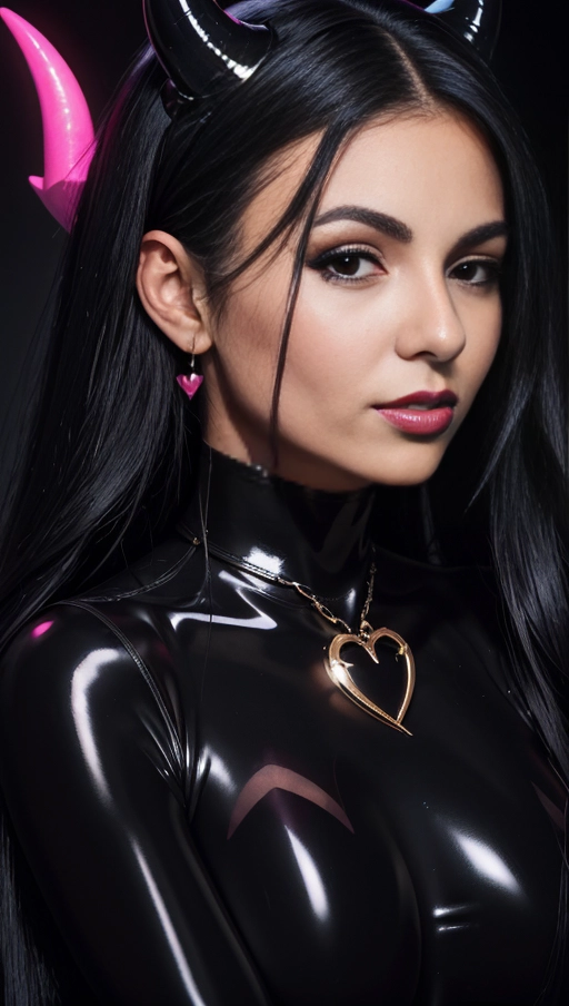 best quality, (((ultra high res))), (((detailed face and eyes))), ((perfect face)), (big shining heart choker), earrings, jewelry, (conjuring), witch, ((very long voluminous hair)), ((((black hair)))), ((((black skintight neckholder)))), ((((pink lipstick)))), ((black long sleeves)), ((glowing heart)), (((demon mark))), ((((straight hair)))), (((Kylie Jenner))), (((((very very long black hair))))), (((perfect face and eyes))), (((straight hair))), ((black leggings)), (black latex suit), ((succubus)), demon horns , (((huge cameltoe))), black gloves, hearts, dark background, (((face closeup)))
