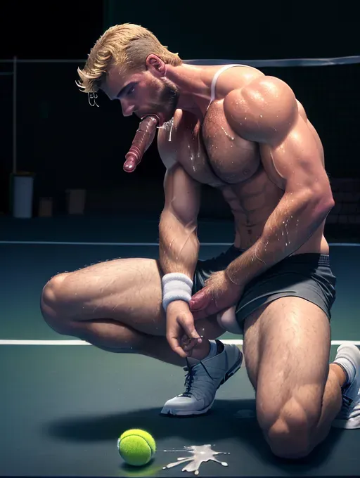 2men, (((photorealistic))), a very accurate and highly detailed professional photo of a handsome fit sweaty (soaking wet) caucasian male tennis player (looks like Djokovic) sitting on a bench with his shorts around his ankles (cock exposed) having an orgasm (orgasm face) while his opponent (handsome perfect caucasian short-haired blonde young beautiful lean hairy shirtless perfect male body) kneels between his perfect muscular slightly hairy legs and swallows his veiny thick perfect dick (dick in mouth), on the sidelines of an empty court after the lights go out, night time, View from the side pov, (((1mans cock in another mans mouth))) (gay blowjob), a tennis player (seated, no pants) cumming inside the mouth of another tennis player (kneeling, no shirt)